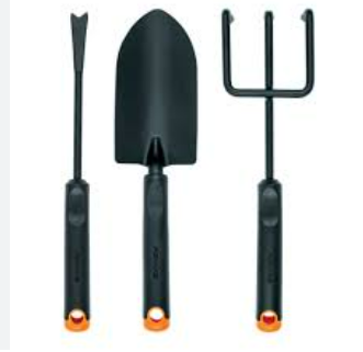 A shovel , trowel , and fork with orange handles on a white background.