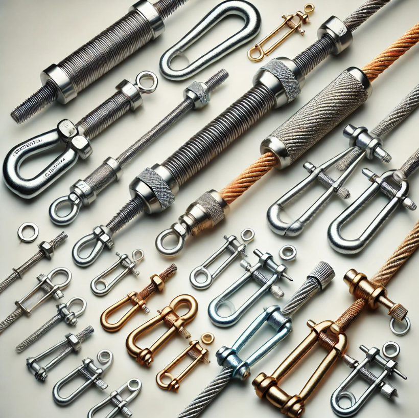 A bunch of different types of screws and hooks on a table