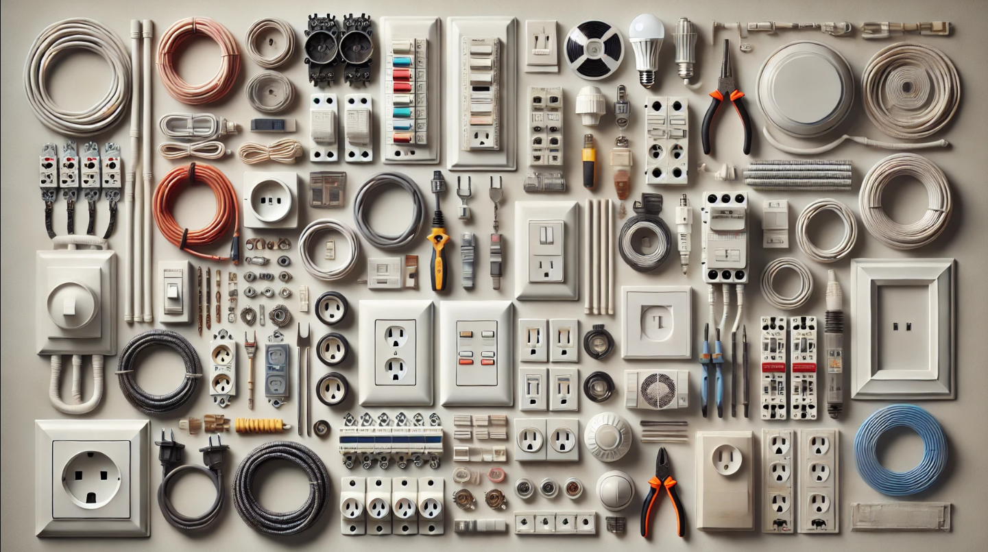 A bunch of different electrical items are arranged on a wall