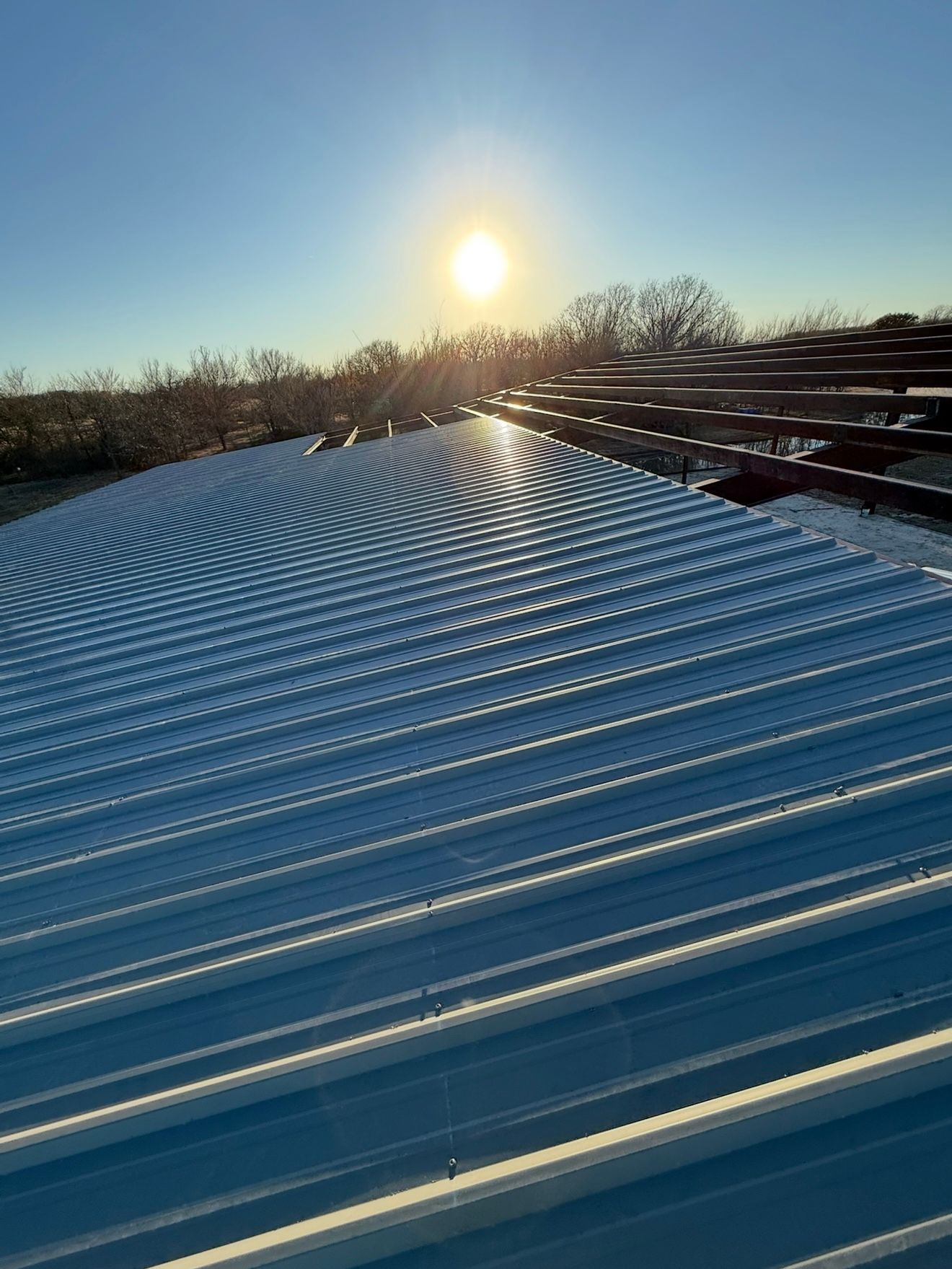 Snow-covered roof at sunrise with long shadows and bare trees in the background