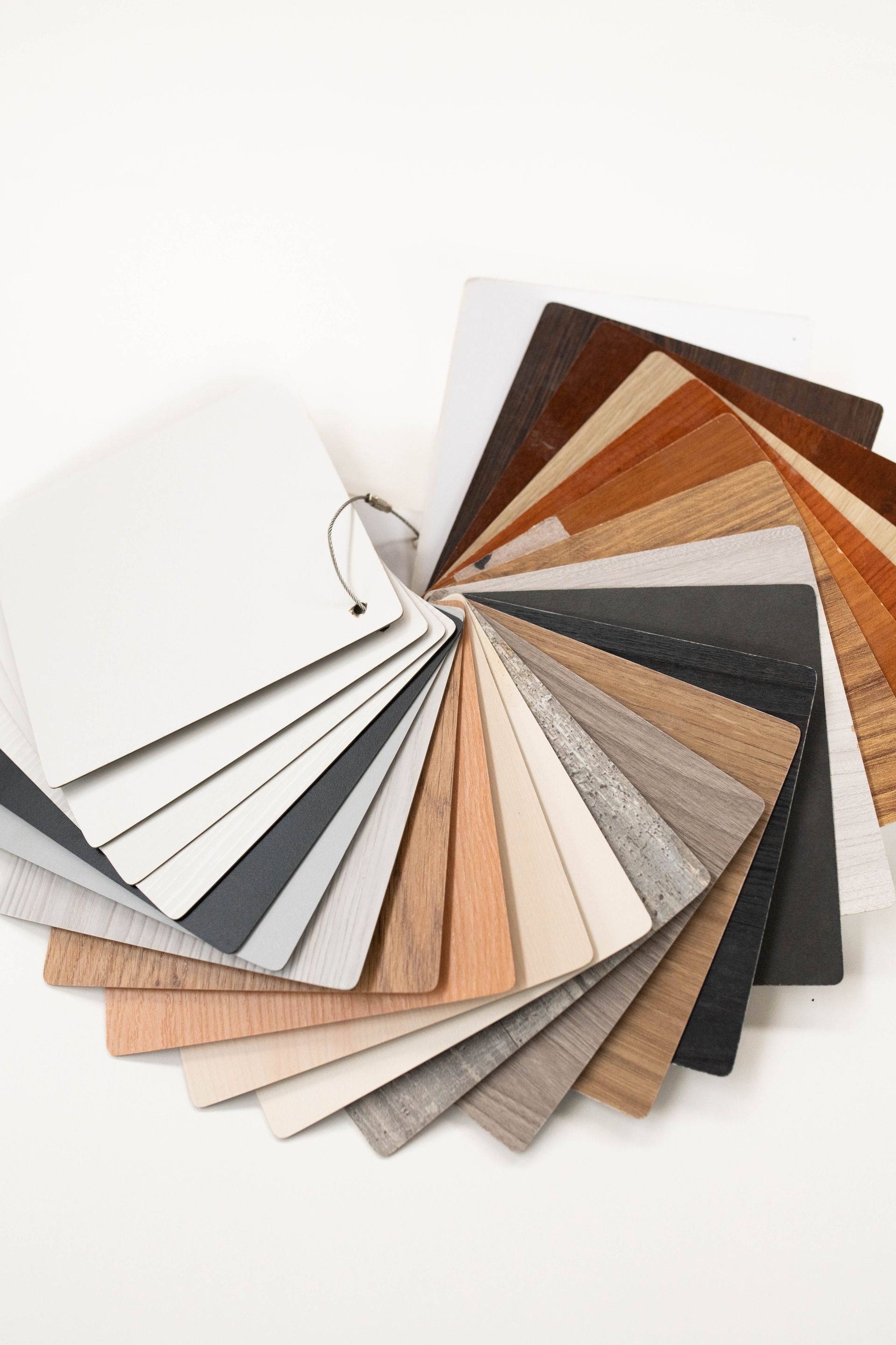 Campioni di colore di legno e tonalità uniformi, disposti a ventaglio su uno sfondo bianco.