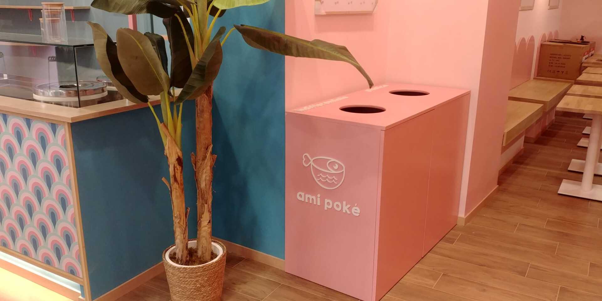 Cestino rosa con due fori, in un bar rosa e verde acqua con una pianta in vaso.