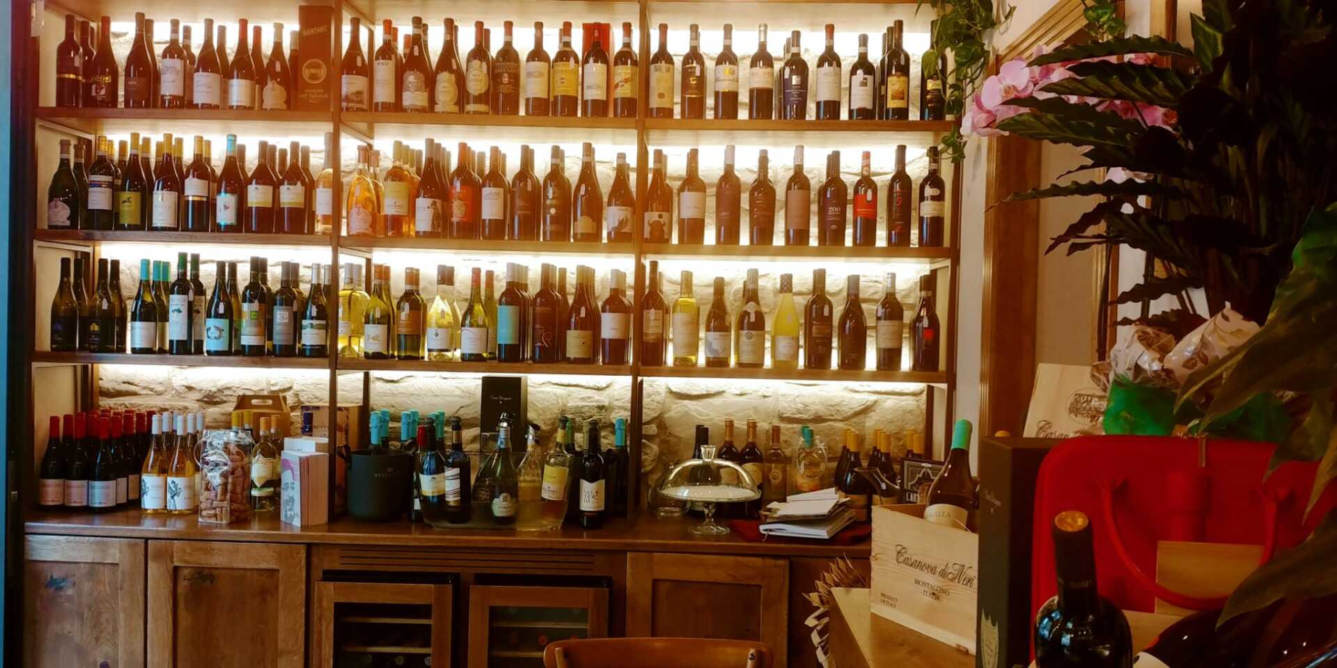 Scaffali di bottiglie di vino illuminati in un negozio. Mobiletto in legno in basso. Pianta sulla destra.