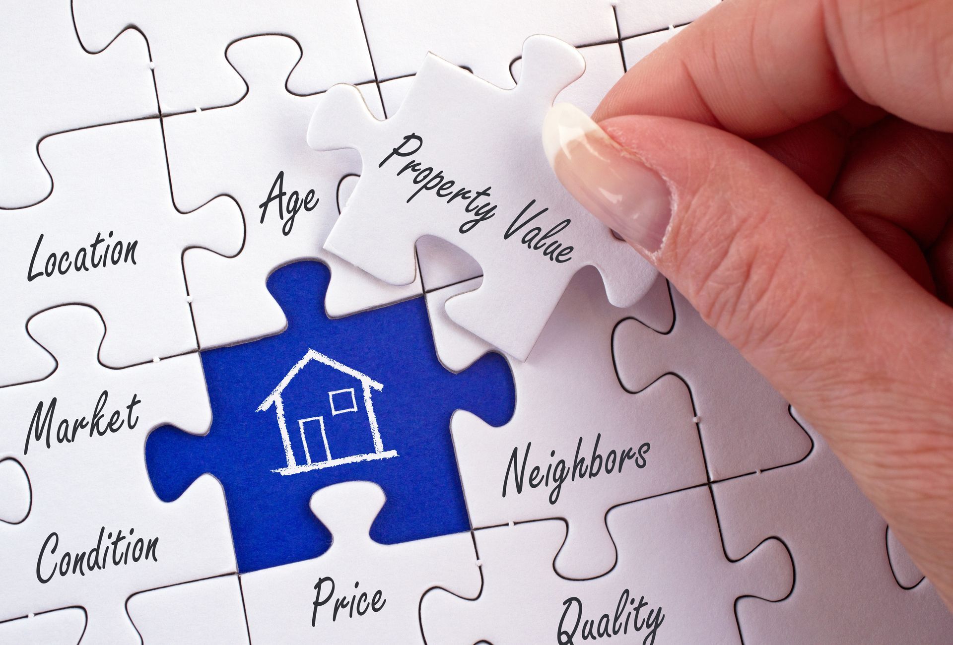 Hand placing 'Property Value' puzzle piece beside housing factors and home icon.