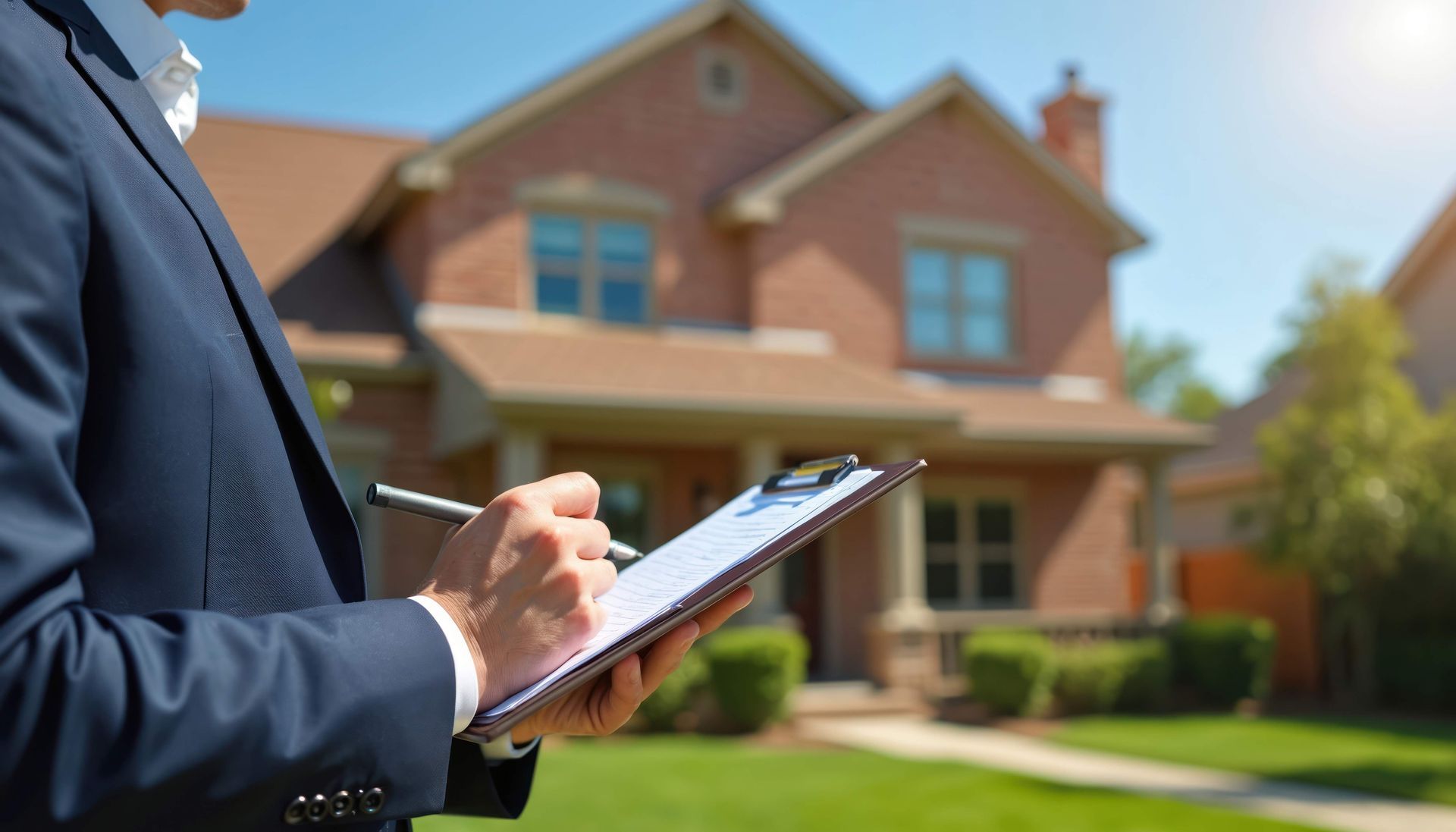 Person in suit writing on a clipboard in front of a brick house with green lawn. Person in suit writing on a clipboard in front of a brick house with green lawn.