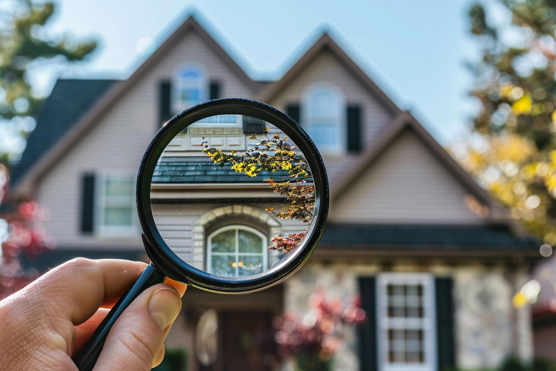 Magnifying glass focusing on the front of a house.