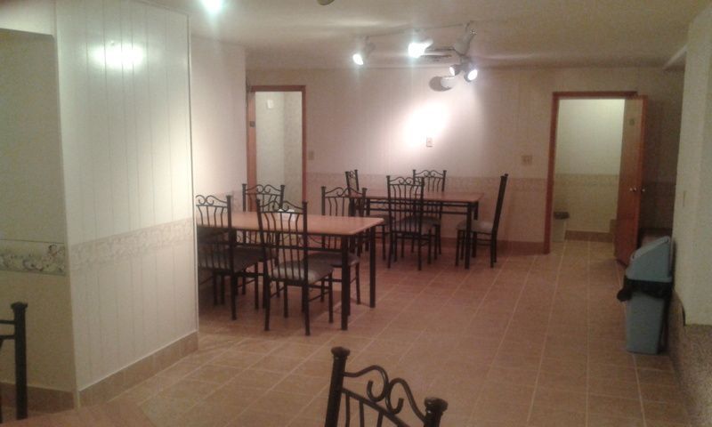 A large room with tables and chairs in it