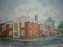 A painting of a brick house on the corner of a street.