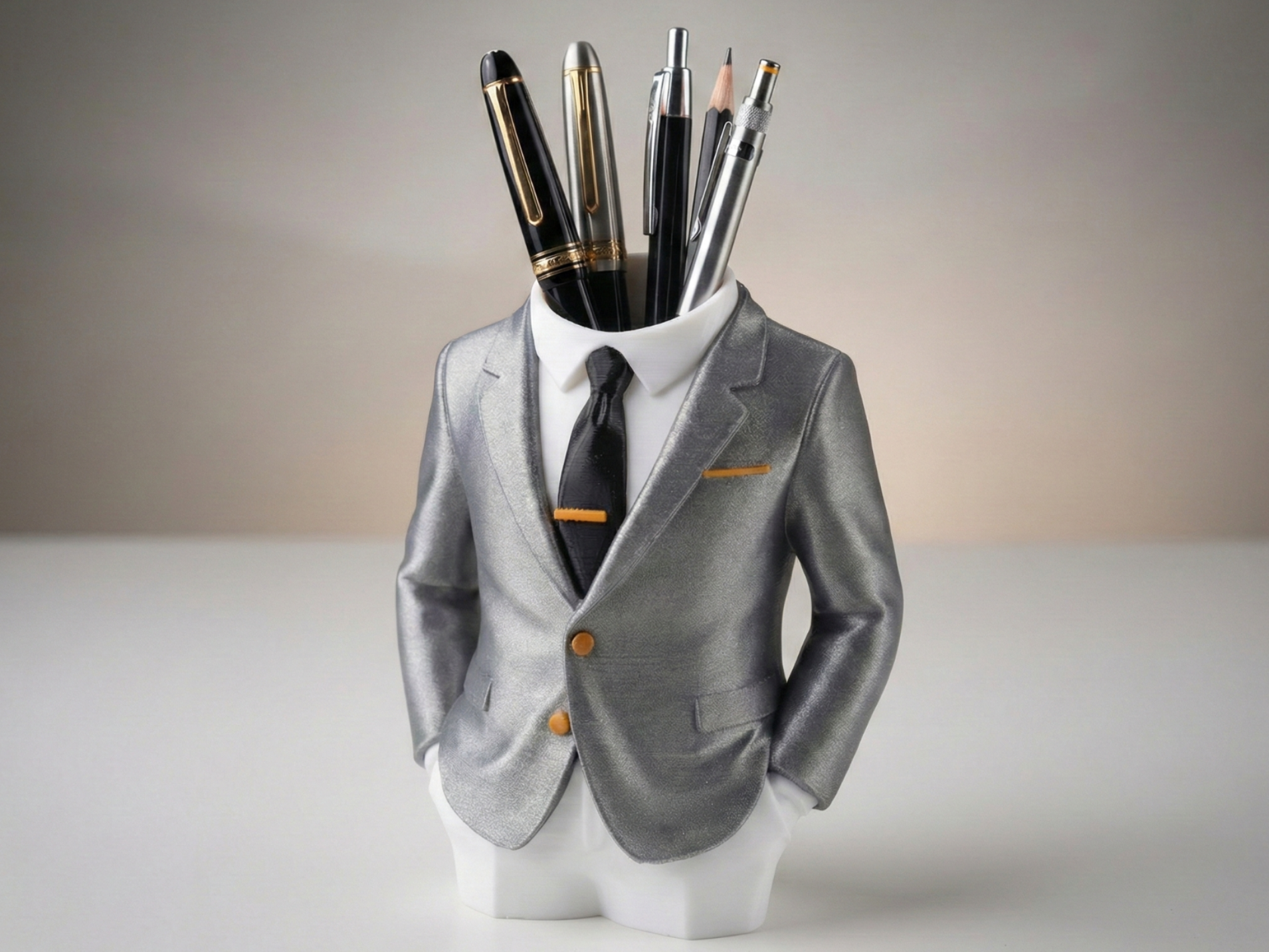 Rig-3d Een bureau-organizer in de vorm van een torso in een grijs pak, met diverse pennen en potloden in de halsopening.