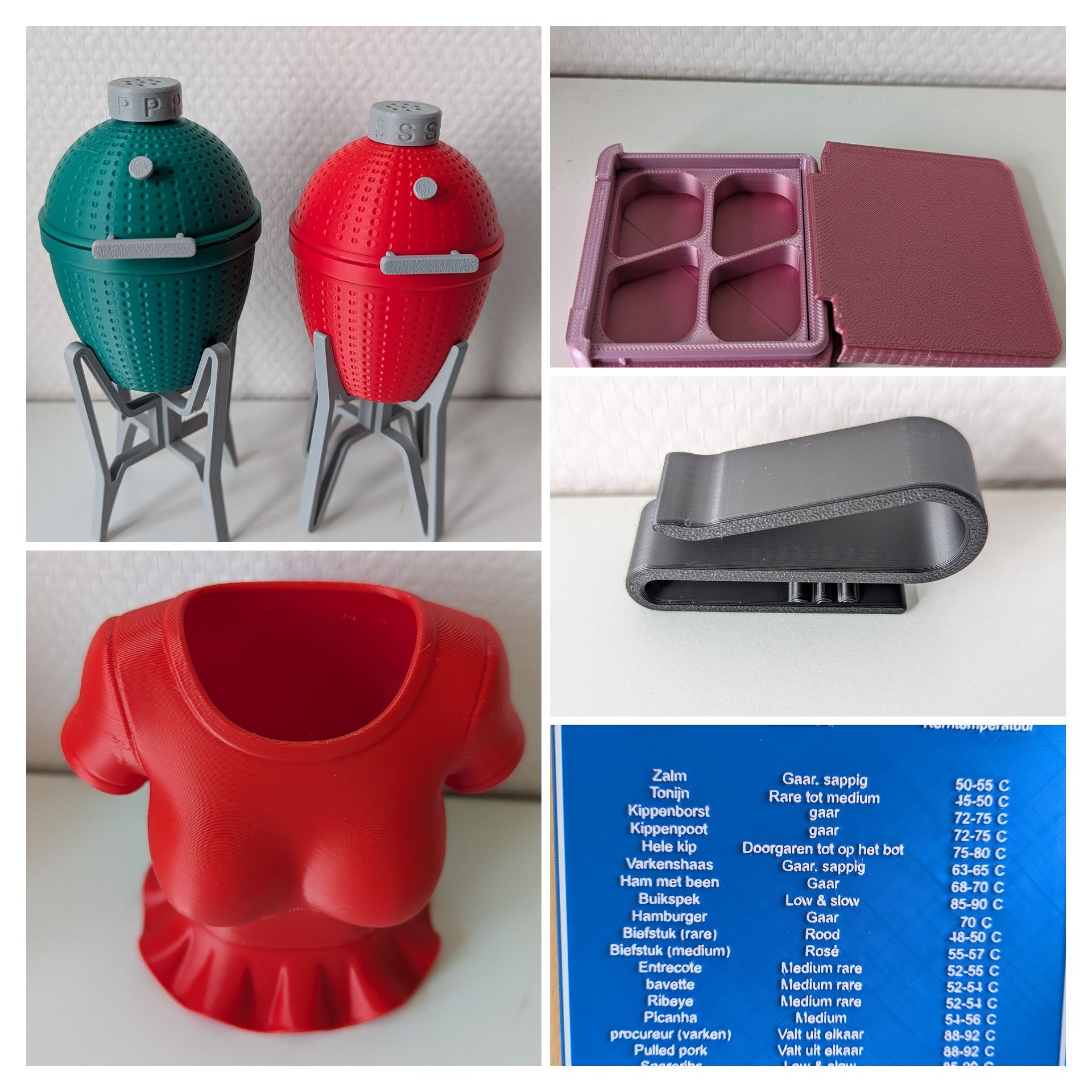 Rig-3d Een collage met 3D-geprinte voorwerpen: twee keramische grills, een rooster, een riemclip, een rode beker in de vorm van een shirt en een grafiek.