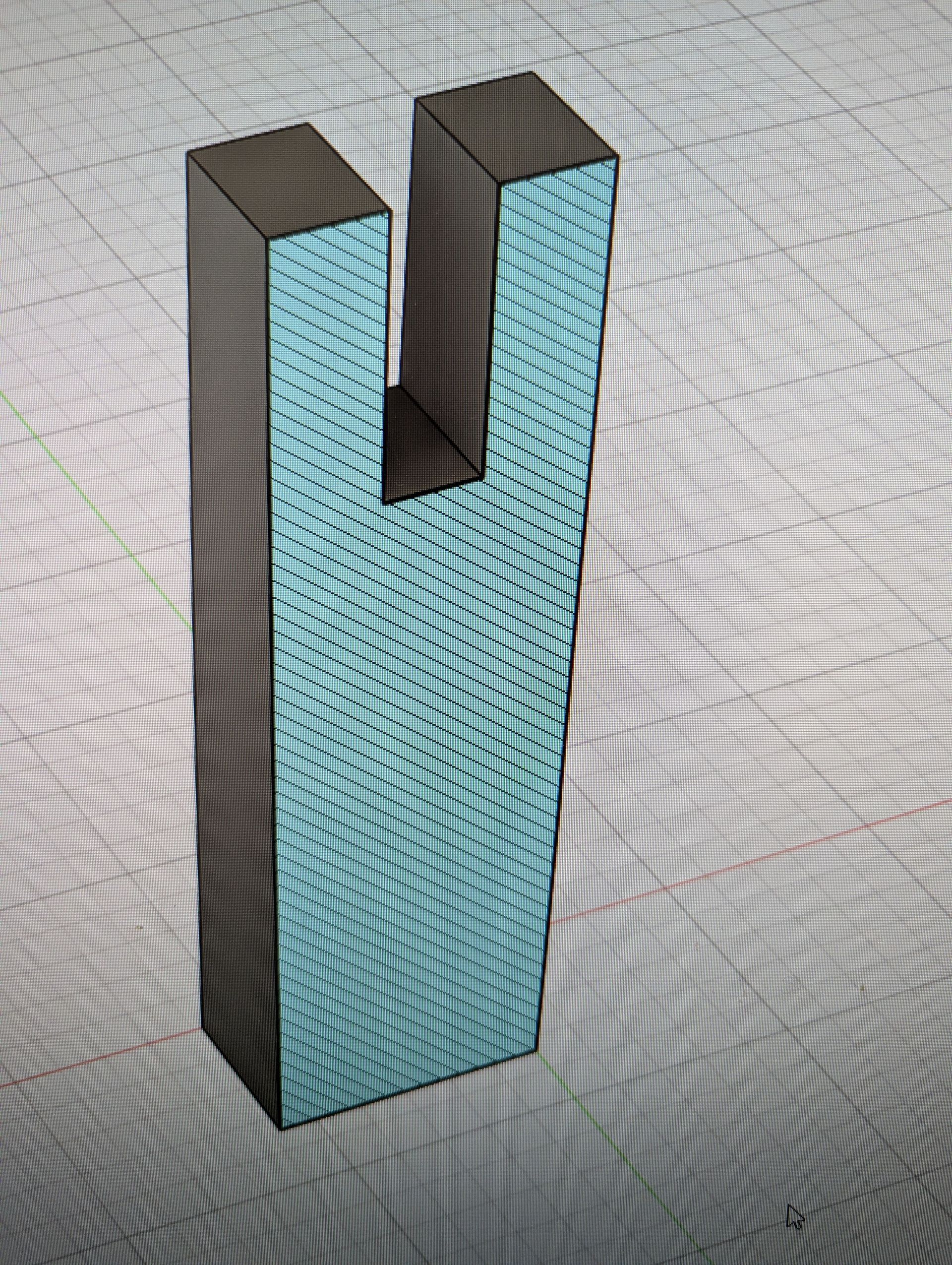 Rig-3d doorsnede tekening Een 3D CAD-model van een rechthoekige verticale paal met een U-vormige uitsparing aan de bovenkant, weergegeven op een digitale rasterachtergrond.