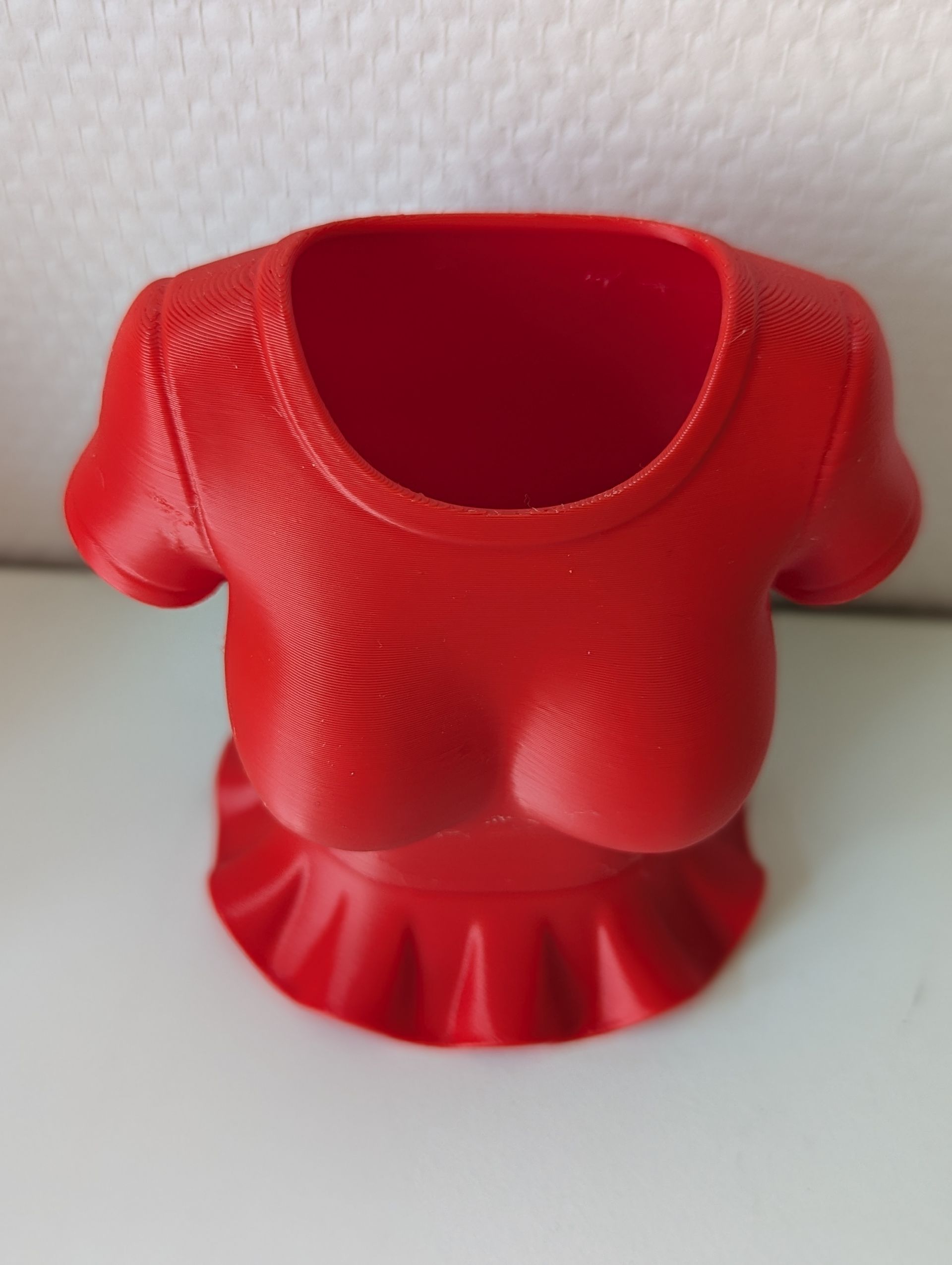 Rig-3d Een 3D-geprinte rode bureau-organizer in de vorm van een T-shirt met korte mouwen en een uitlopende zoom.