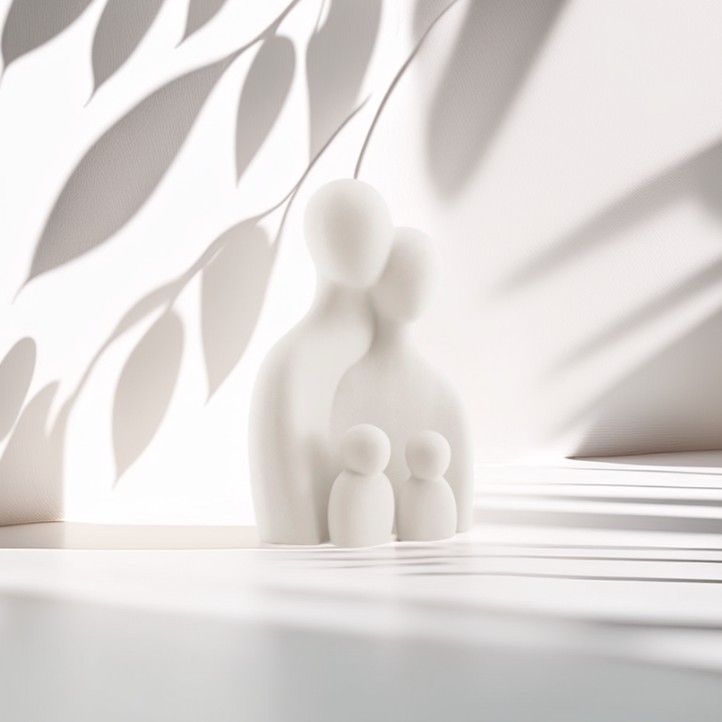 Rig-3d Een minimalistische witte sculptuur van vier figuren die bij elkaar staan, badend in zacht licht met bladerrijke schaduwen op een effen achtergrond.