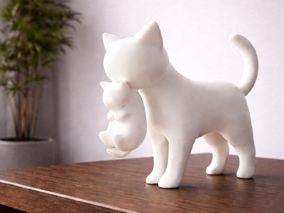 Rig-3d Een minimalistisch wit keramisch beeldje van een moederkat die haar kitten in haar bek draagt, geplaatst op een houten tafel.