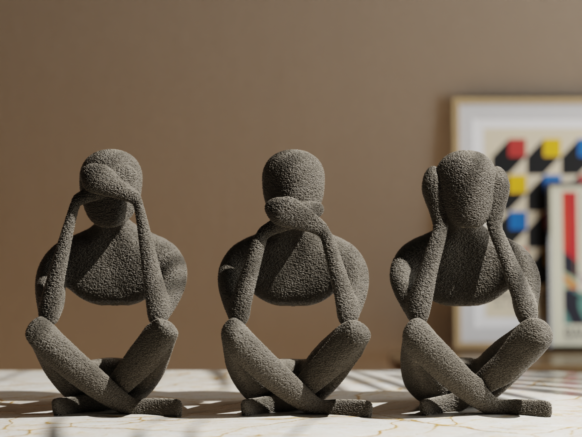 Rig-3d Drie zwarte, minimalistische mensfiguren zitten naast elkaar, elk met hun oren, mond of ogen bedekt in een peinzende houding.