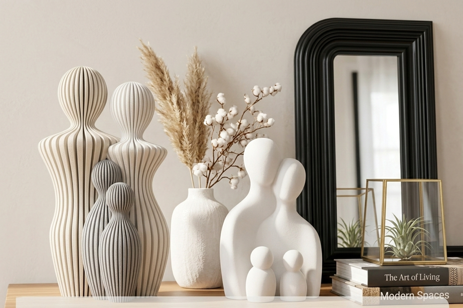 Rig-3d Decoratie op de plank: familiebeeldjes, een vaas met bloemen, een ingelijste spiegel en boeken.