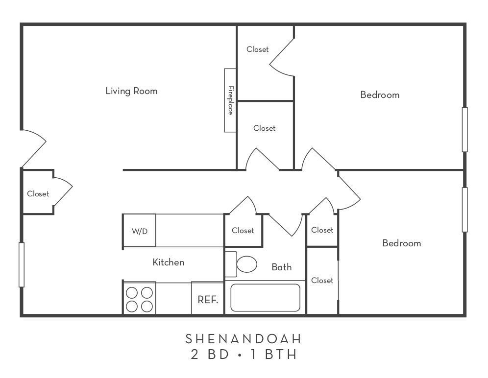 Floor plan of a Shenandoah apartment with two bedrooms, one bath, a kitchen, and living room.