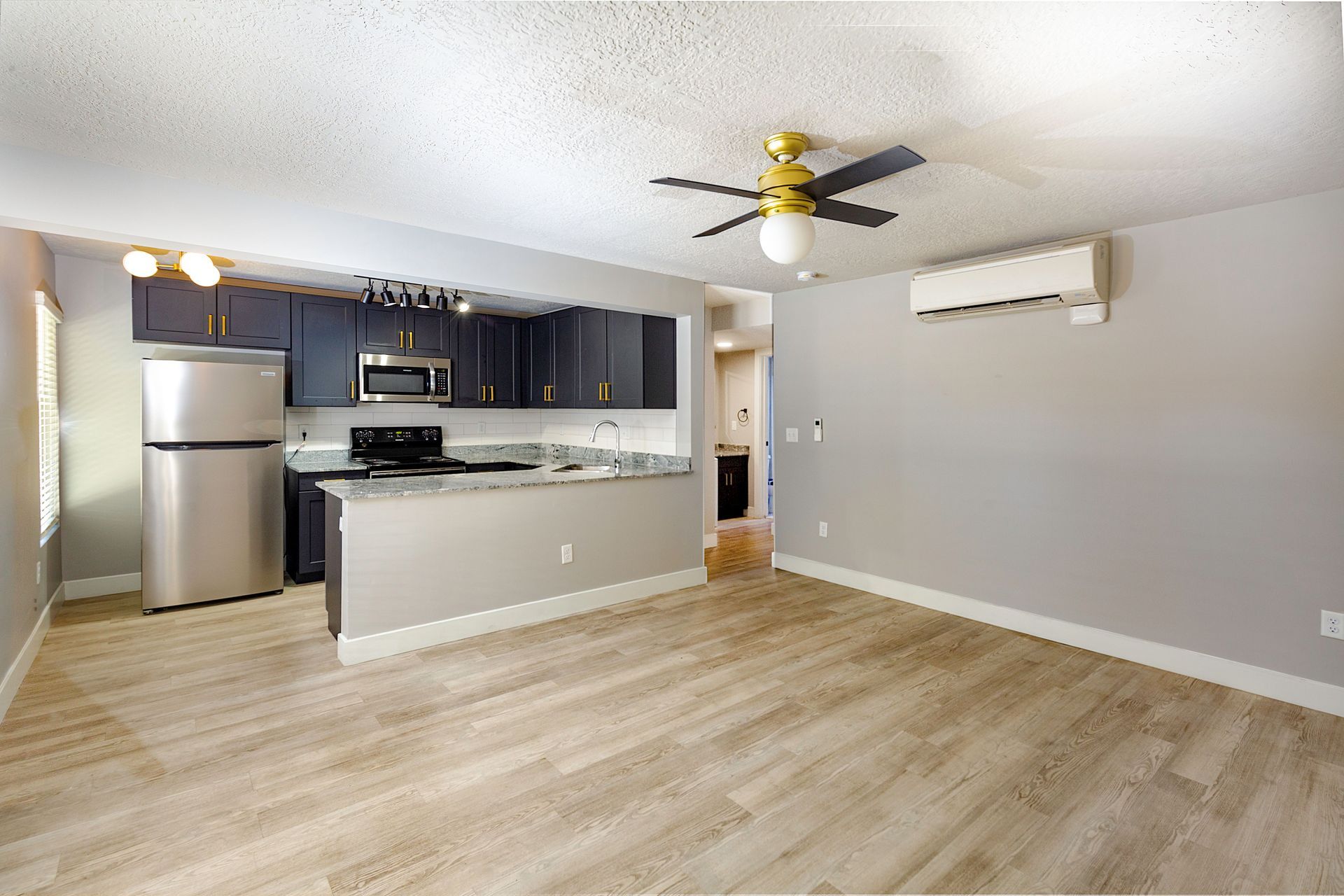 Open-concept living space with kitchen. Blue cabinets, stainless steel appliances, light wood floors, gray walls, and a ceiling fan.