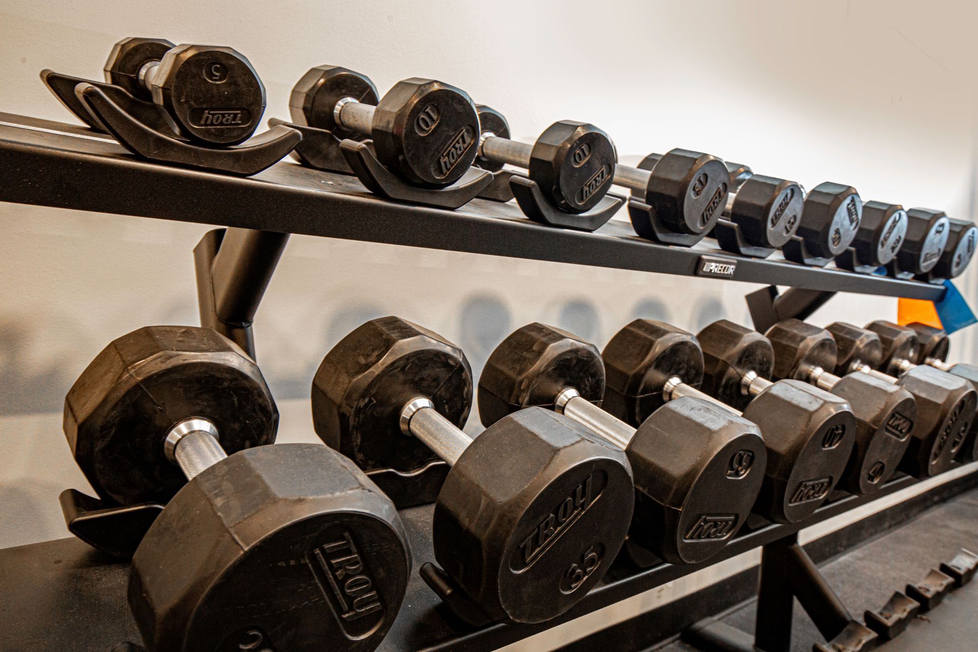 Black dumbbell weights on a metal rack in a gym.