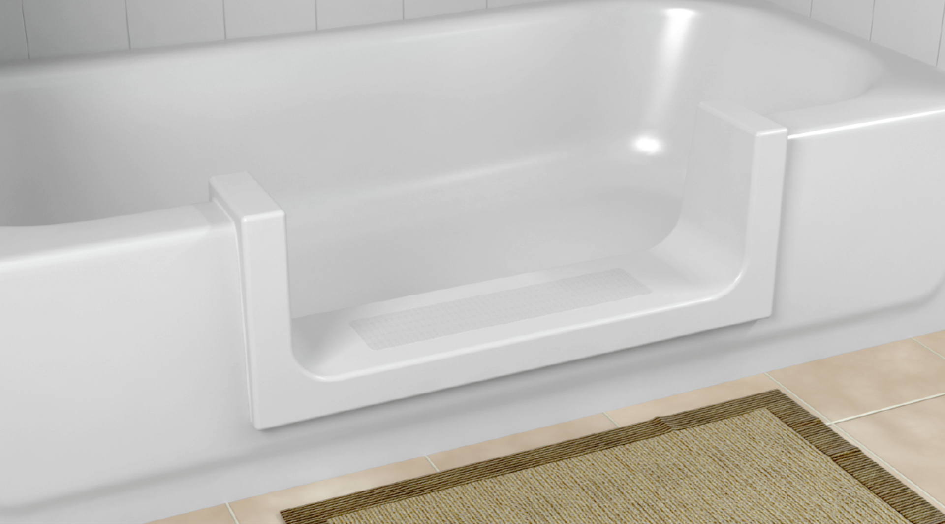 A white bathtub with a door and a rug on the floor.