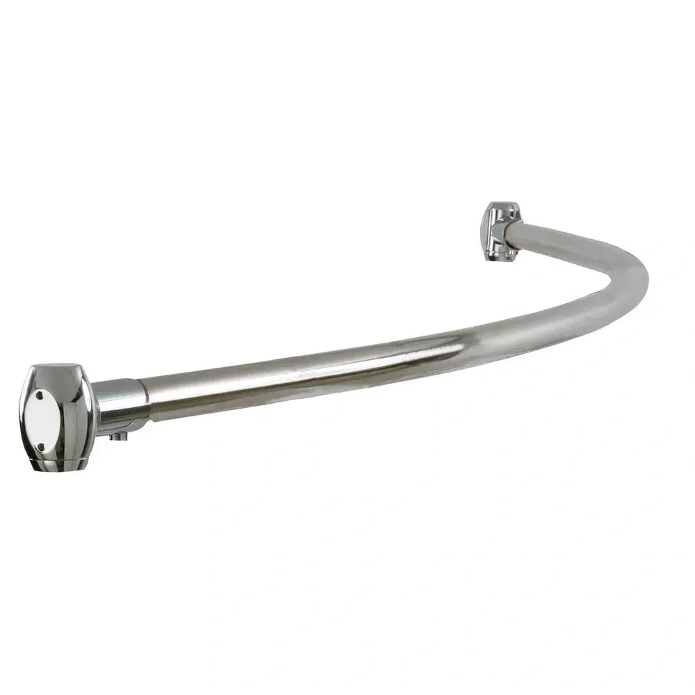 A close up of a stainless steel shower curtain rod on a white background.