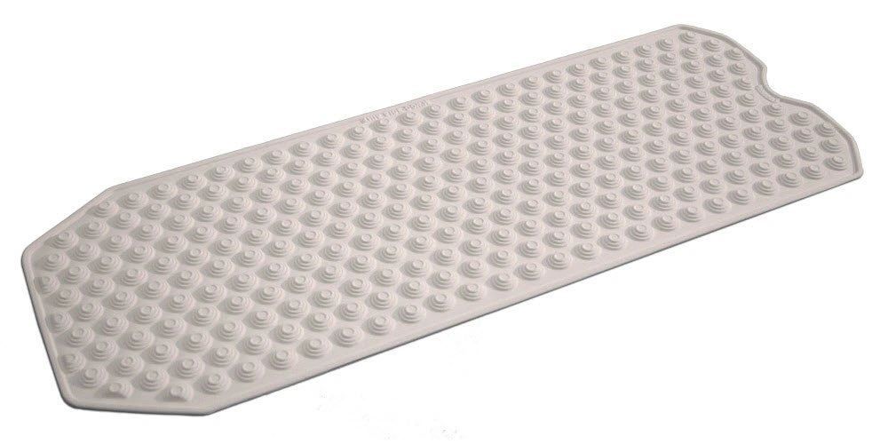 A white bath mat with holes in it on a white background.