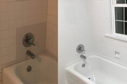 A before and after photo of a bathroom with a bathtub and a window.