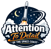 Logo: Rocket blasting off, night sky, "Attention to Detail of the Space Coast" text.