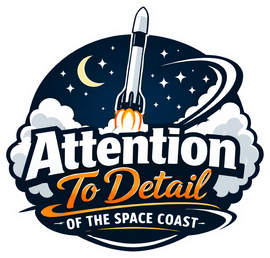 Logo: Rocket blasting off, night sky, "Attention to Detail of the Space Coast" text.