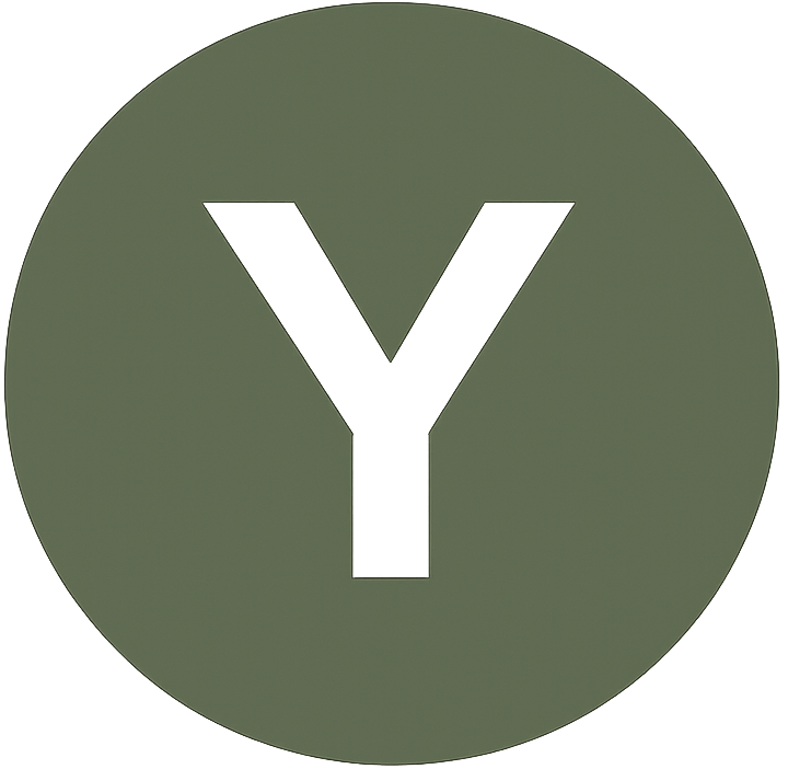 Une lettre « Y » blanche centrée à l'intérieur d'un cercle vert olive foncé.