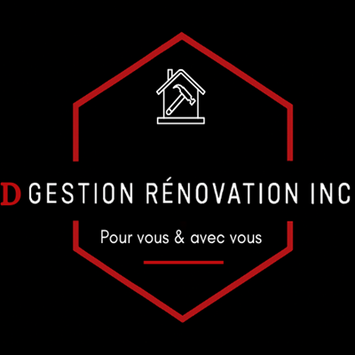 Logo de D Gestion Rénovation Inc. avec une icône de maison blanche, un marteau et un contour hexagonal rouge sur fond noir.