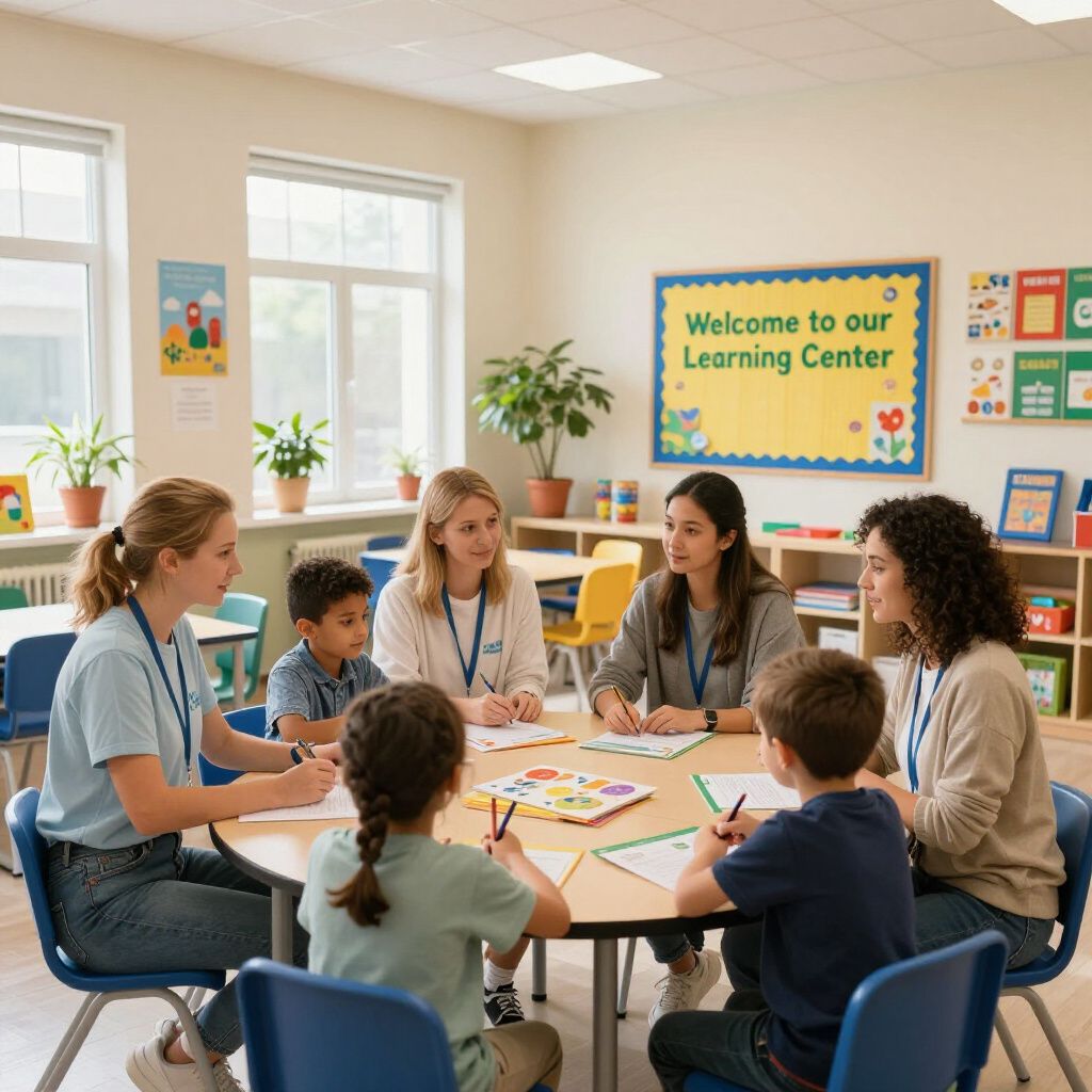 Four teachers work with children at a round table in a classroom with a 