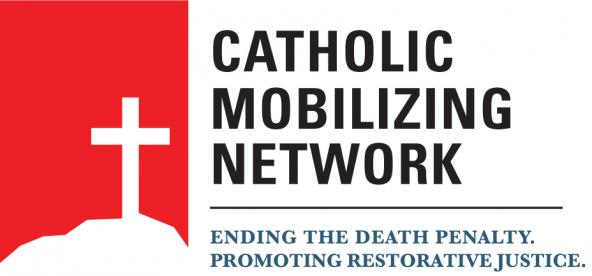 Logo for Catholic Mobilizing Network: A white cross on a red hill, with the text 