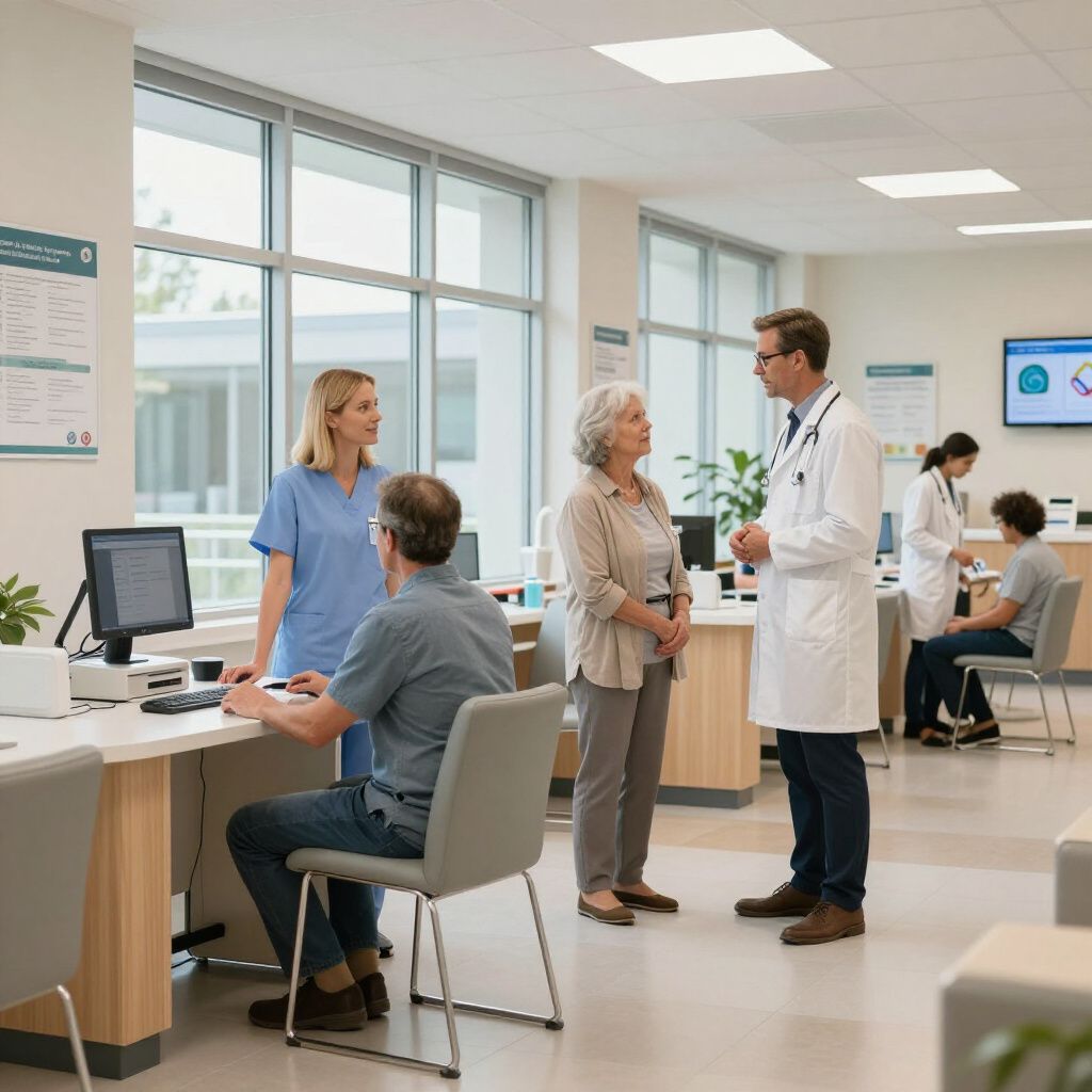 Healthcare professionals and patients interact in a modern medical office with computers, desks, and bright lighting.