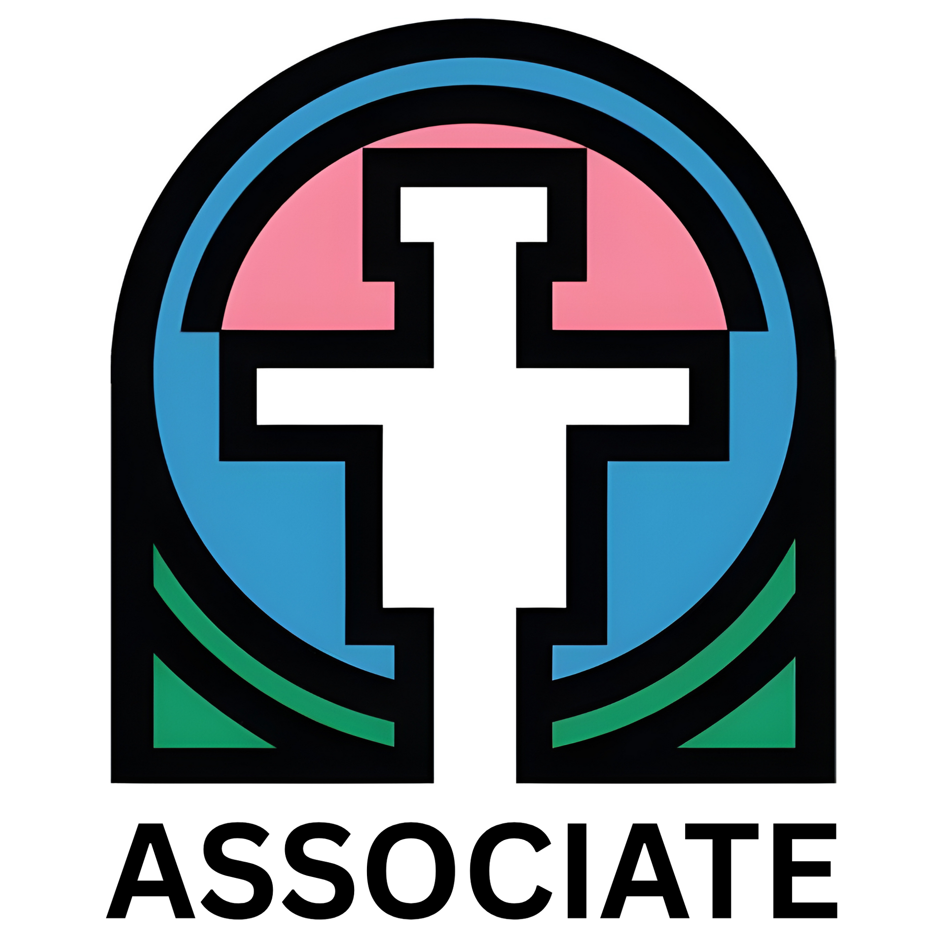 A logo featuring a white cross inside a circular arch colored in sections of pink, blue, and green, with 