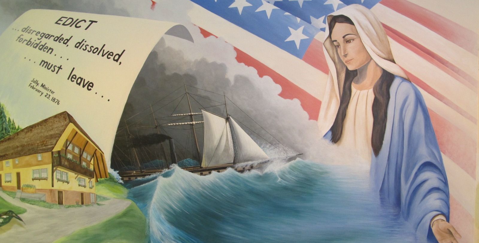 A painting shows a stylized house, a document labeled 