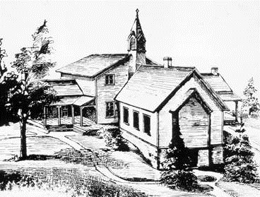 A black-and-white sketch of a historic multi-building schoolhouse with a central bell tower and a surrounding yard.