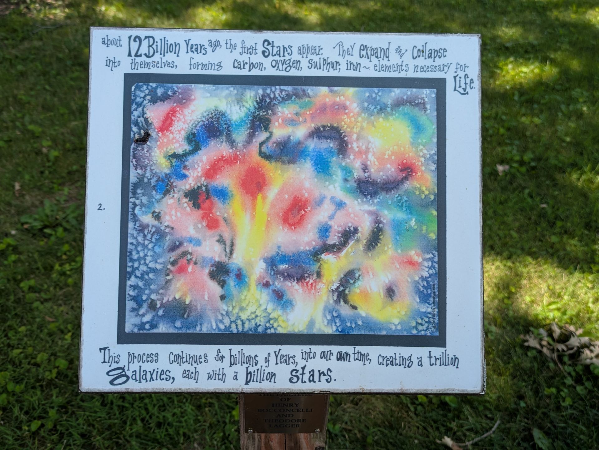 A sign on a post in a grassy area features a watercolor painting of a colorful nebula with text about the universe's origin.
