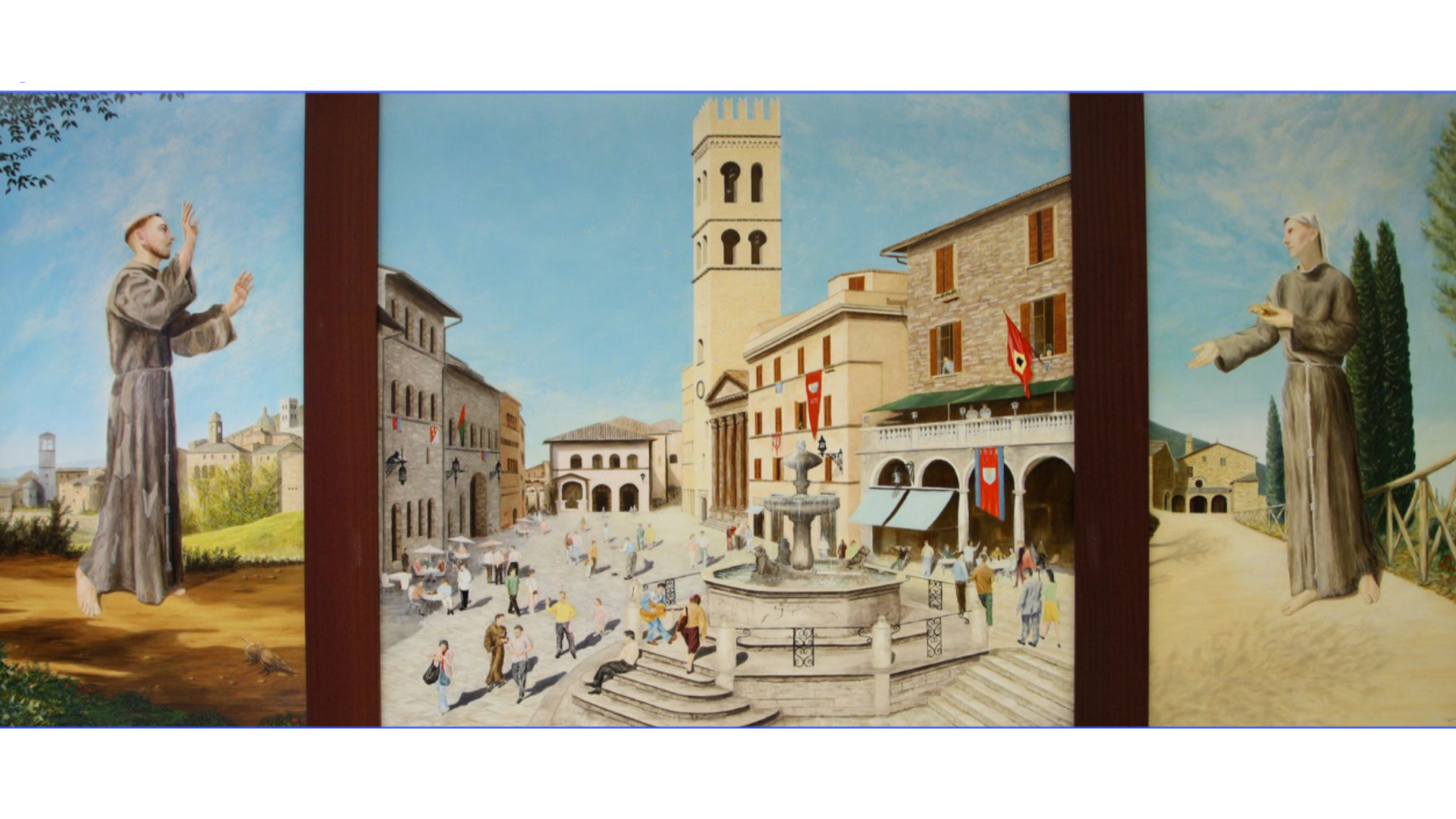 A triptych painting: Franciscan monks frame a detailed scene of the Piazza del Comune in Assisi with its central fountain.