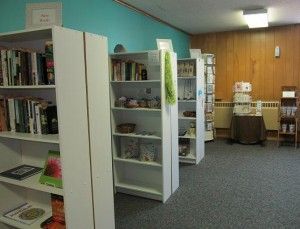 Three white bookshelves stand on gray carpet against a teal and wood-paneled wall, with a small table in the background.