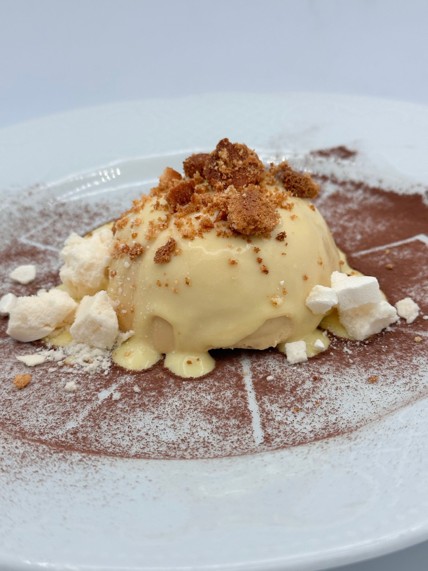 Un piatto bianco con sopra un dolce e zucchero a velo.