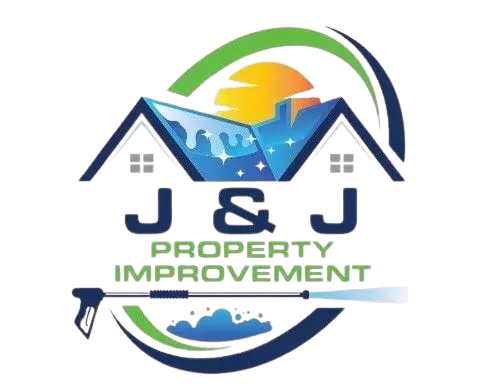 Logo: House silhouette with cleaning spray and "J & J Property Improvement" text; blue, green, and yellow hues.