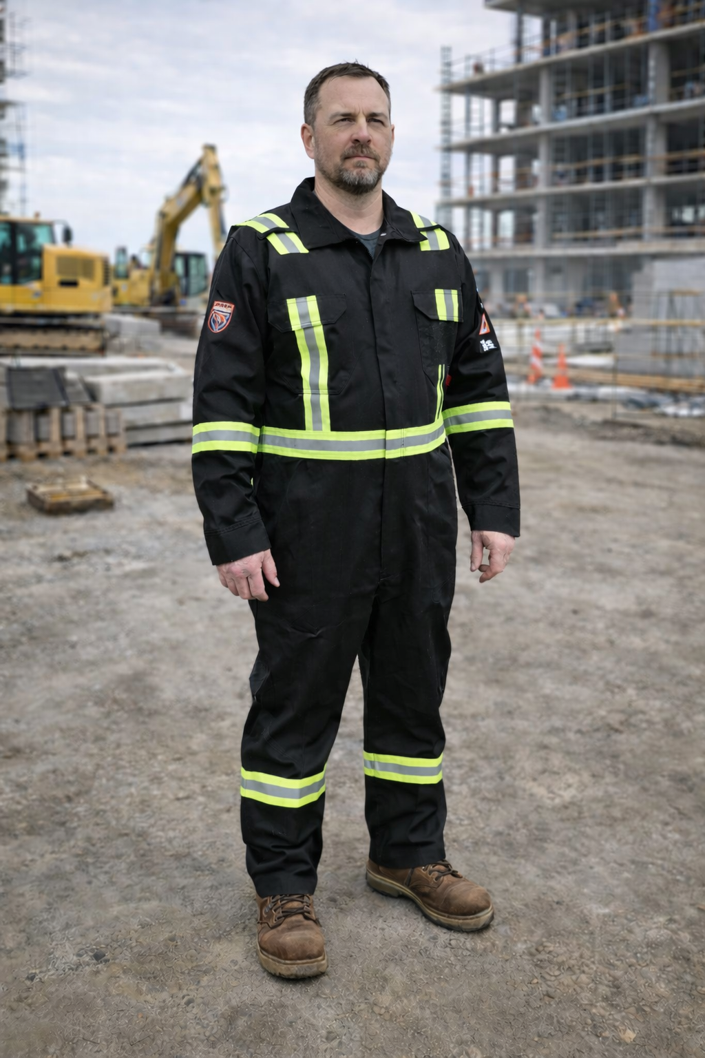 Blue work coveralls with reflective stripes hanging on a rack.