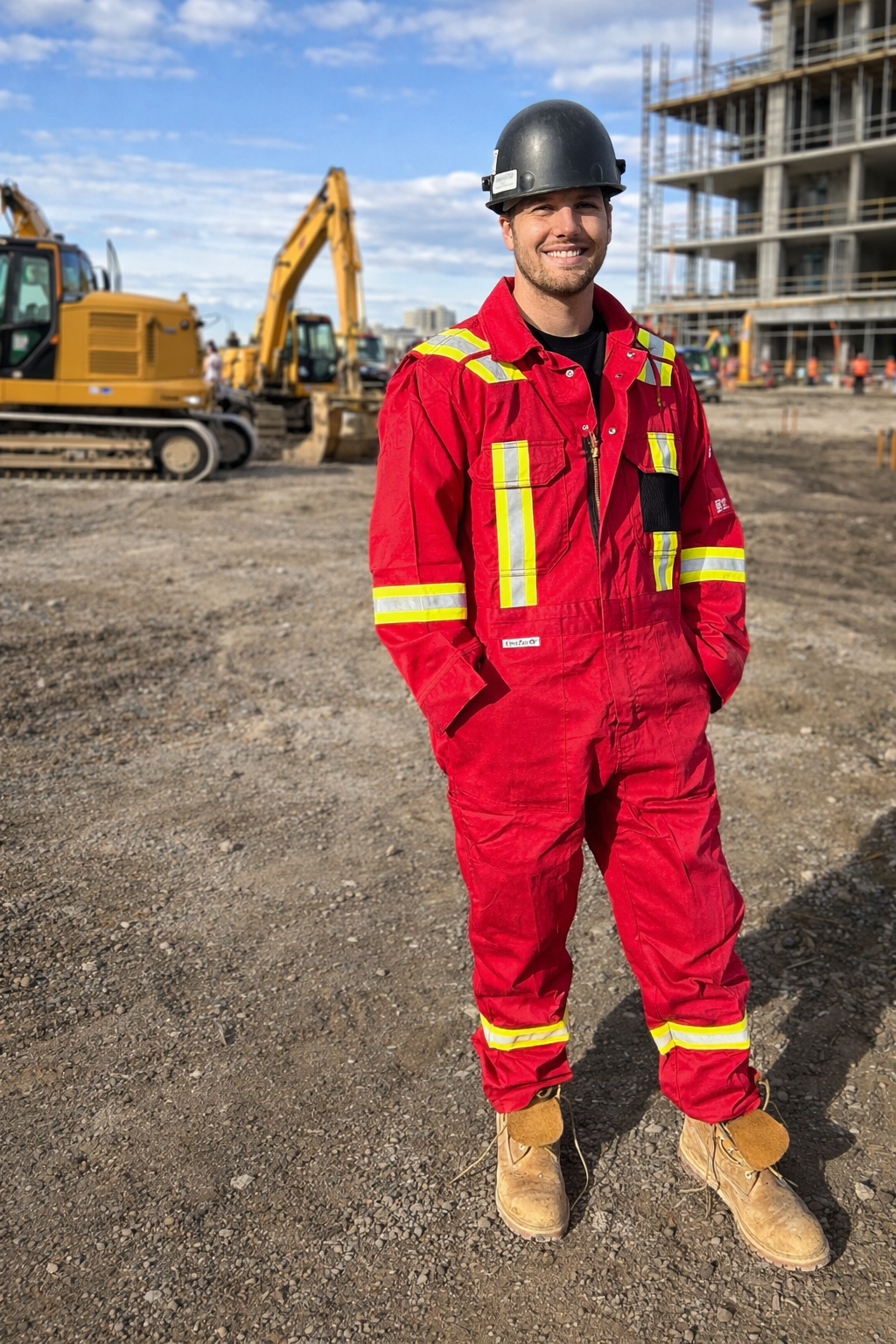 Two construction workers in coveralls stand under a bridge. One faces away, the other toward the camera.