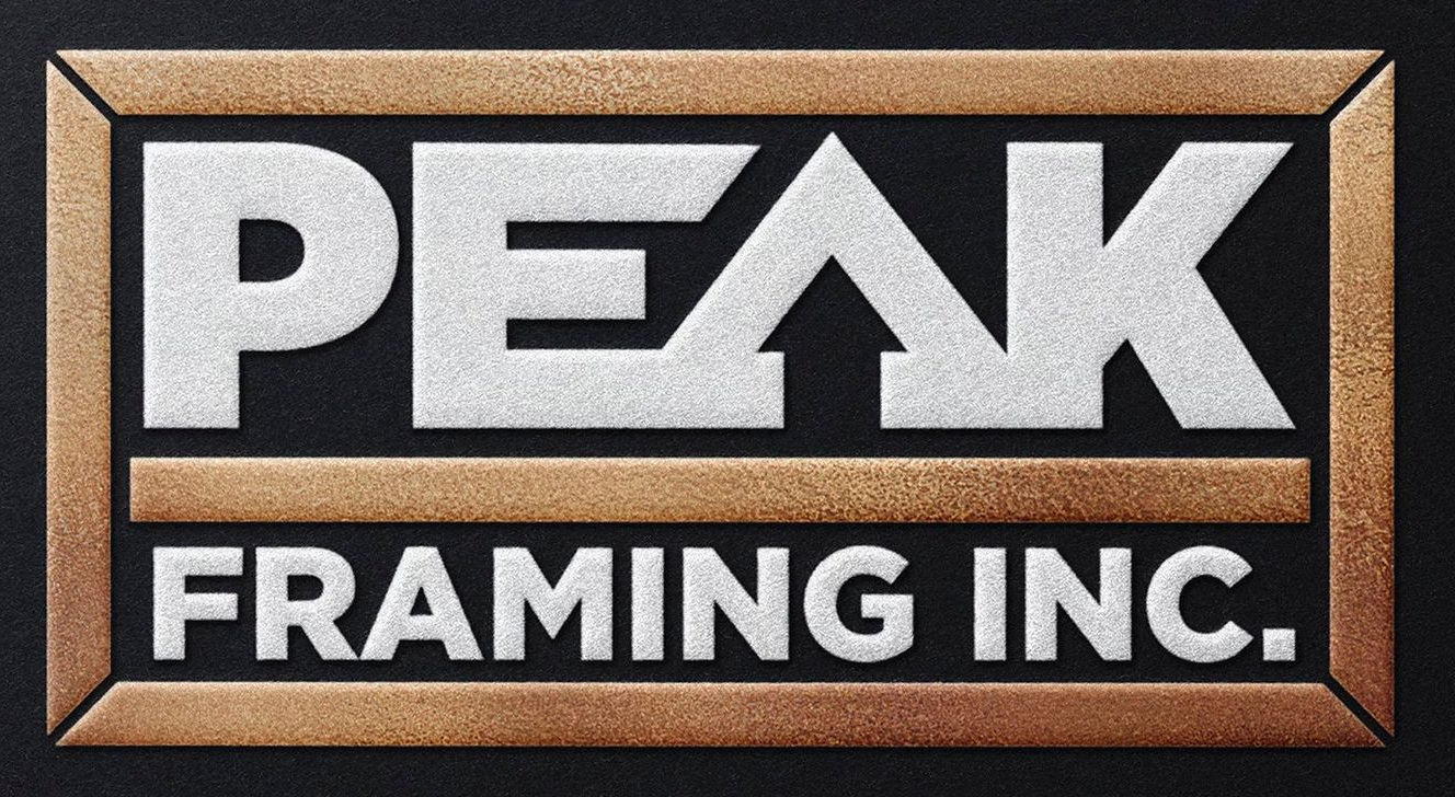 Peak Framing Inc. logo, white text on black background, outlined with bronze frame.