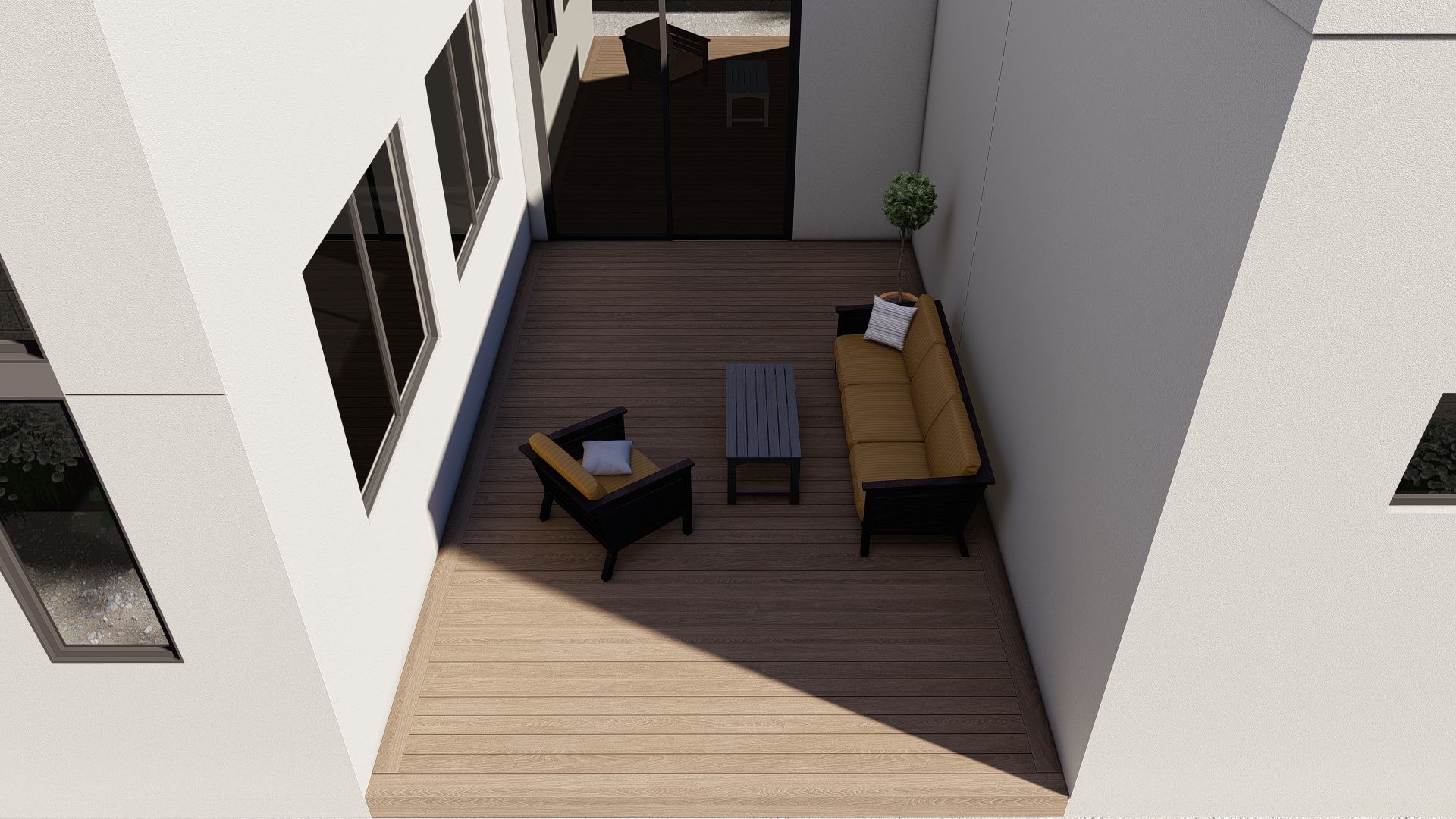 Overhead view of a patio with furniture: sofa, armchairs, and a table. Light brown wooden flooring.