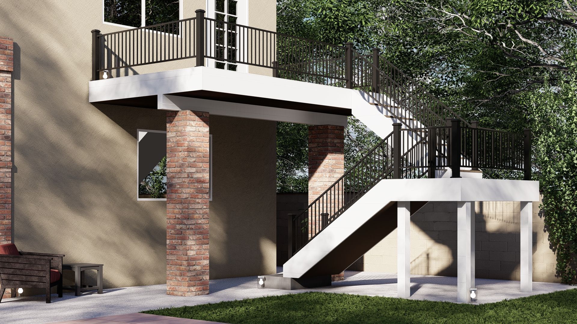 Exterior spiral staircase leading to a second-floor balcony, supported by brick and concrete columns, near a building.