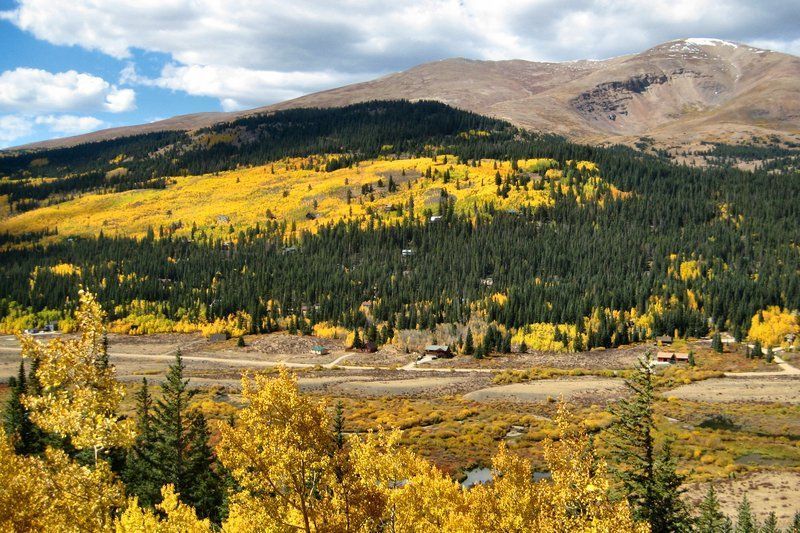 Vibrant autumn scene: yellow aspens, green evergreens, mountain with snow, under a partly cloudy sky.