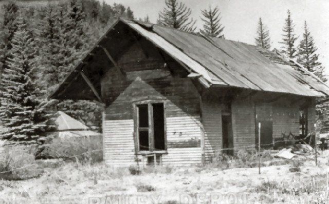 Dilapidated wooden building with a peaked roof, overgrown with grass and foliage, trees in the background.