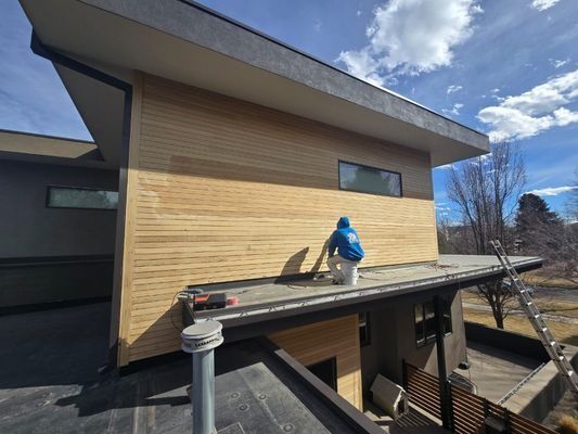Person painting exterior wood siding on a modern house; light wood, blue sky.